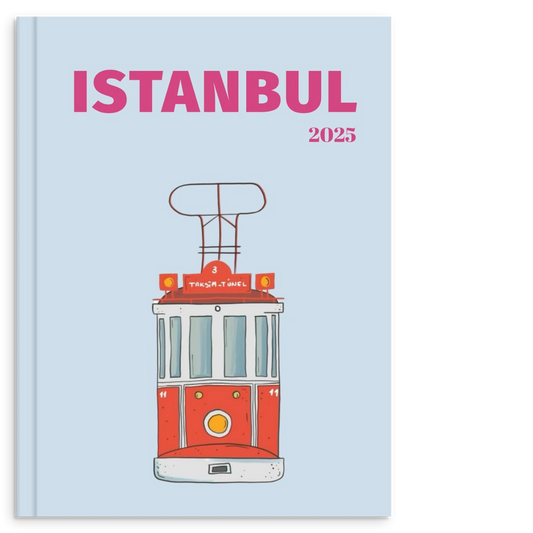 Blue photo book cover featuring tram in Instanbul